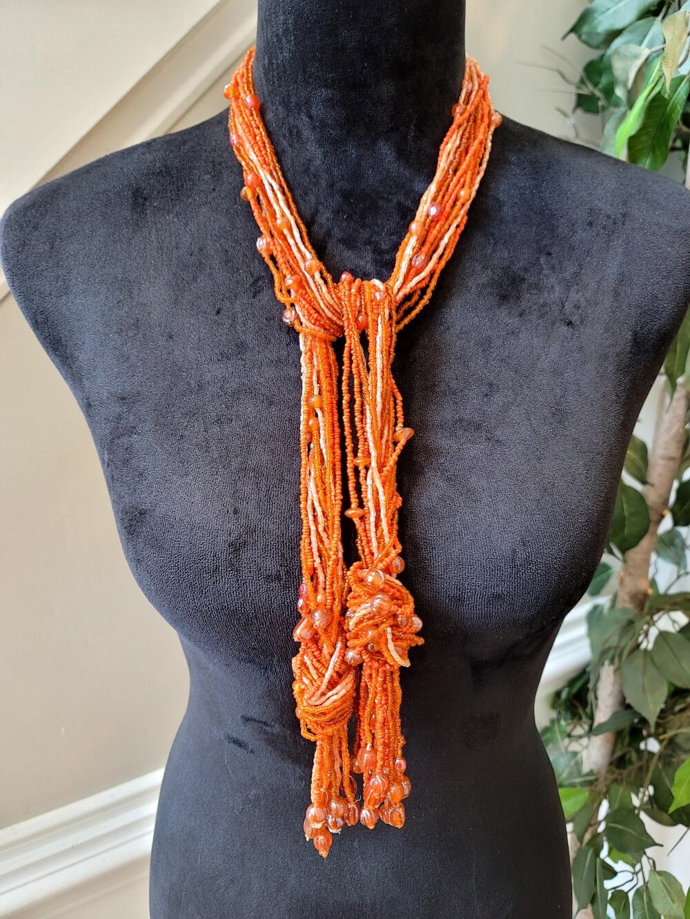 Vintage Orange Multi Strand Beaded Tassel Necklace Boho Statement Fringe Bib
